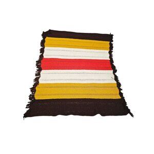 VINTAGE Handwoven Multicolor Striped Fringe Blanket 60x48" COZY FALL THROW